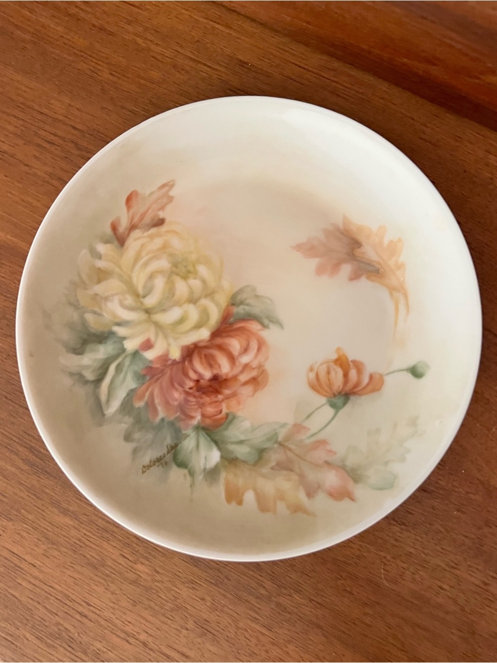 Hand-Painted Floral Decorative Plate in Cream, Peach & Green